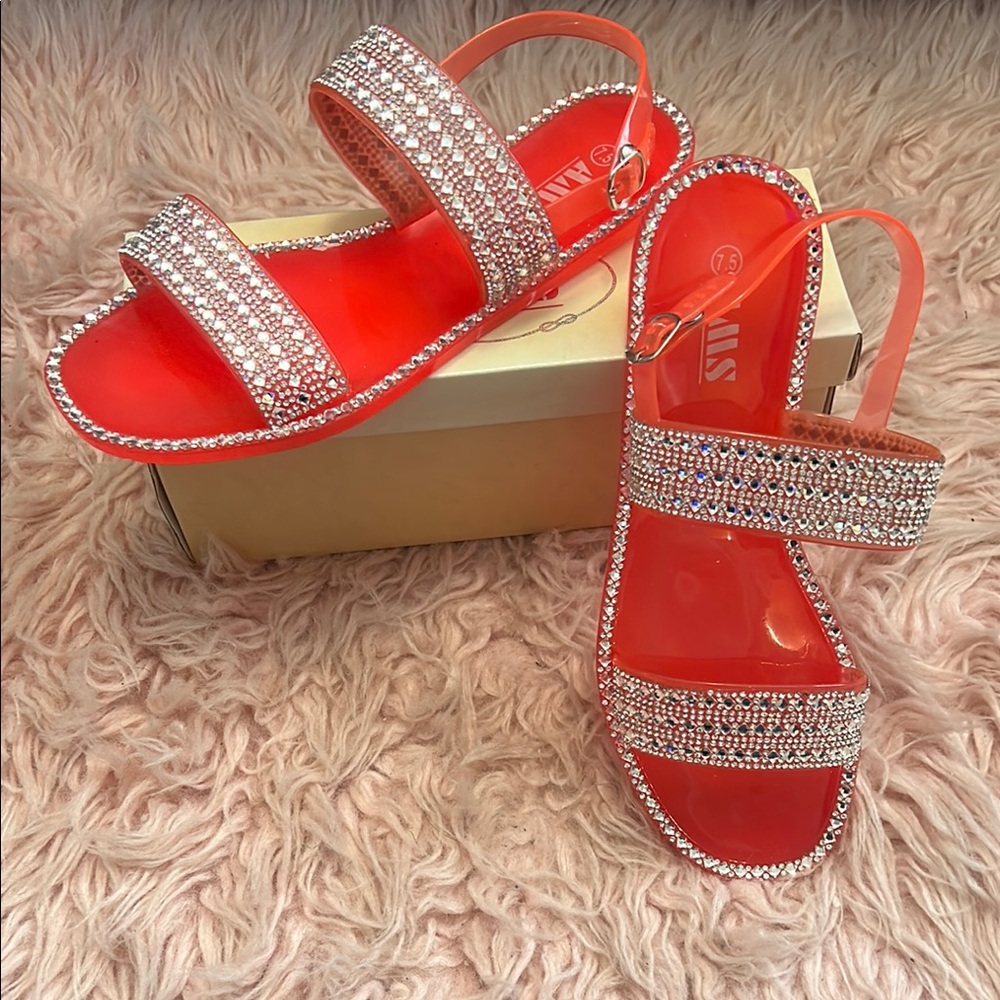 Vibrant Red Slide Sandals with Rhinestone Embellishments